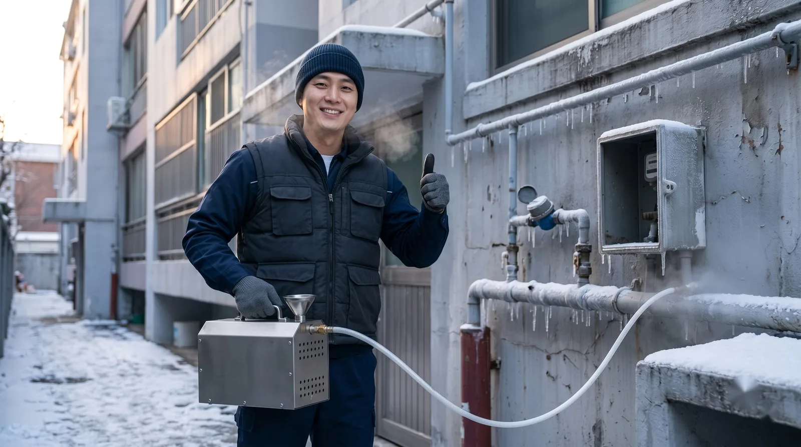 경기 남부 수도 동파 해빙 작업복 기술자와 스팀해빙기